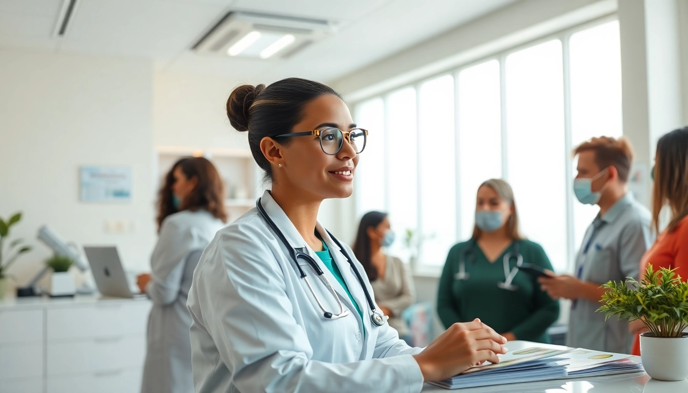 Promoting health in a modern clinic setting with healthcare professional and patients.