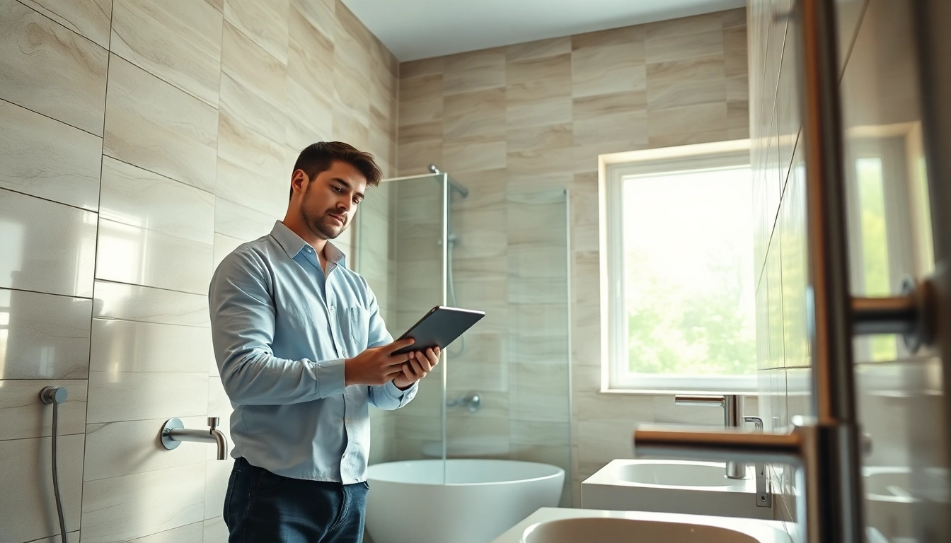Die sonni sanitär GmbH zeigt einen Fachmann bei der Inspektion eleganter sanitären Einrichtungen.
