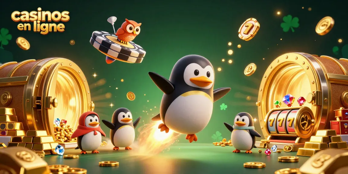 Visualisez un espace vibrant de casinos en ligne avec un pingouin doré et des trésors scintillants.