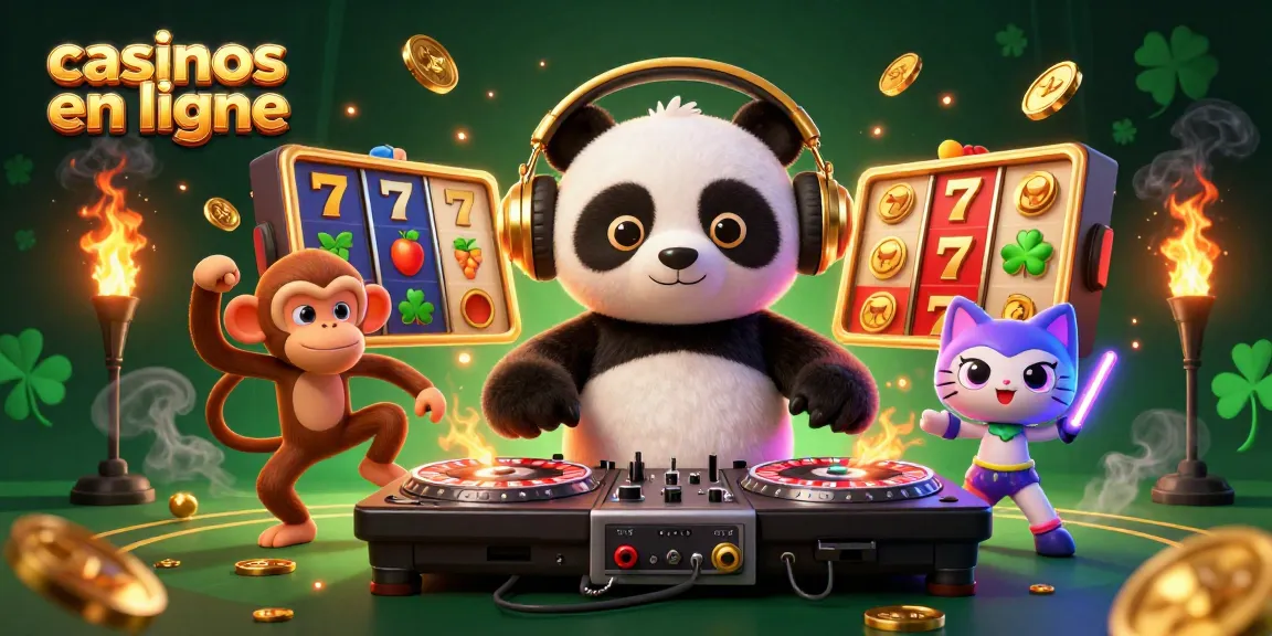 Le panda DJ présente des jeux de casinos en ligne animés avec une ambiance festive.