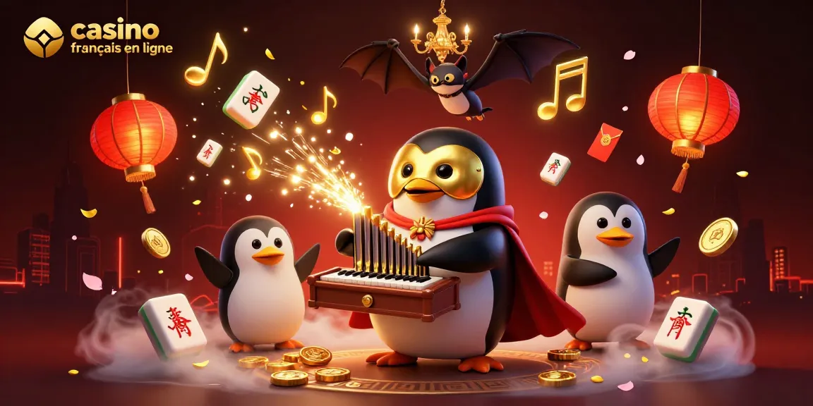 Profitez du meilleur jeu casino français en ligne avec un pingouin opéra et des éléments festifs.