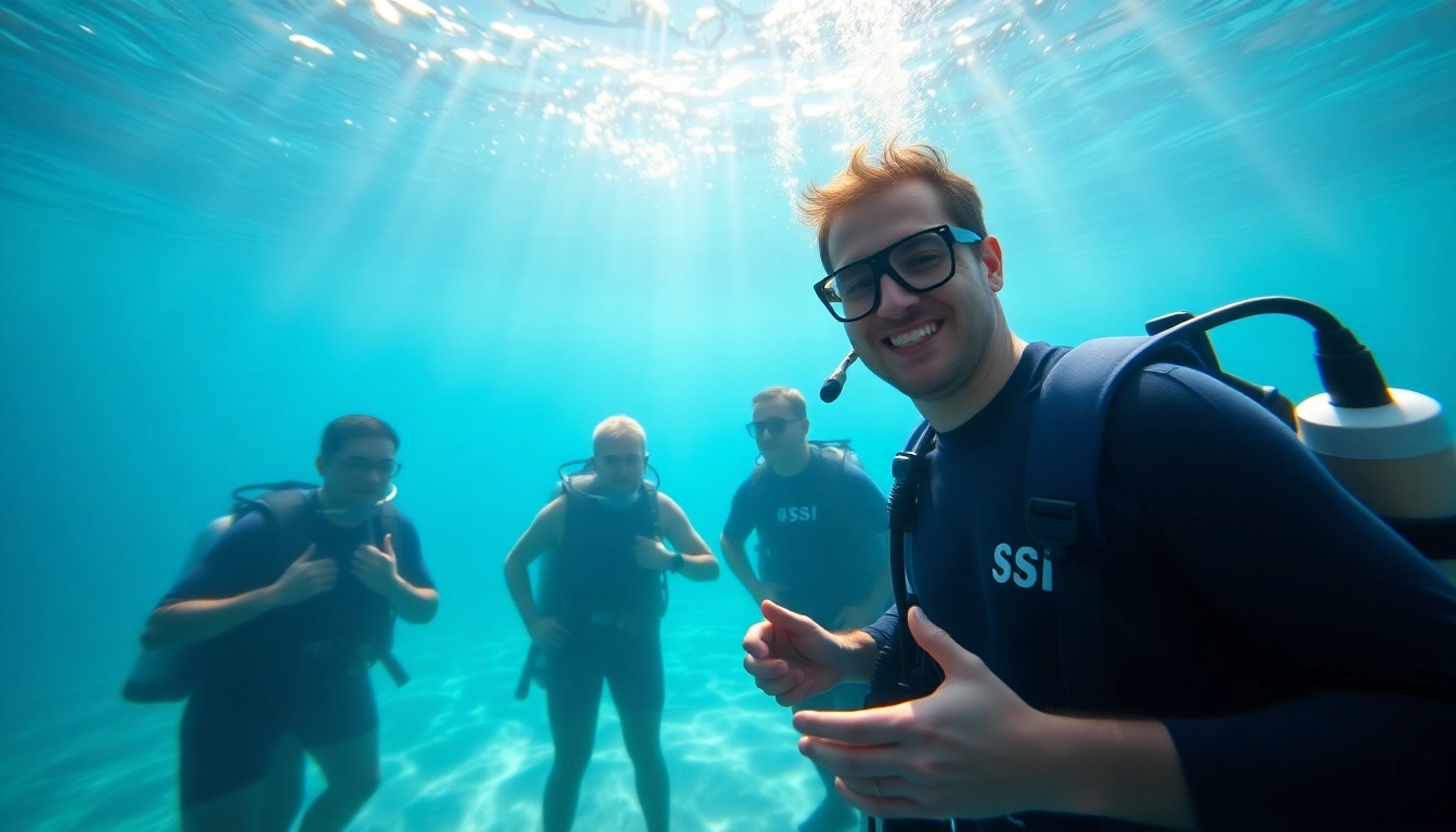Erlerne SSI Kurse mit einem freundlichen Tauchlehrer und glücklichen Schülern in einer ruhigen Unterwasserwelt.