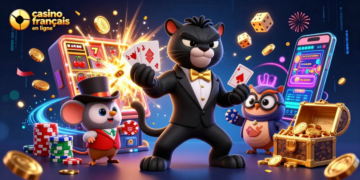 Casino français en ligne, découvrez un univers animé avec des personnages stylés jouant aux cartes et aux jetons.