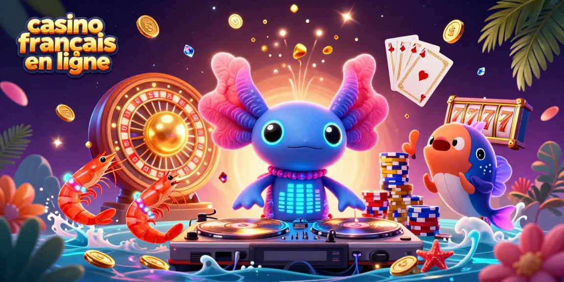 Découvrez l'univers du casino francais en ligne avec un DJ axolotl vibrant et des éléments de jeu scintillants.