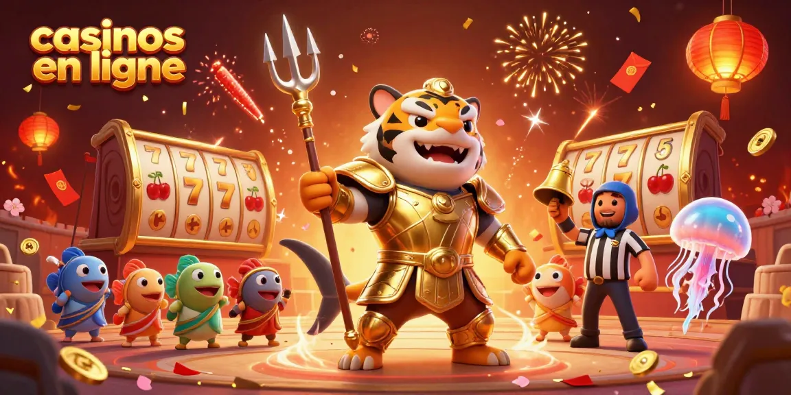 Jouer dans des casinos en ligne avec un requin tiger en armure, des rouleaux de machines à sous et des feux d'artifice.