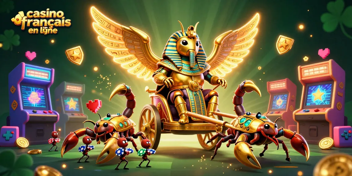 Jeu dynamique de casino français en ligne avec un scarabée doré et des scorpions, plein d'animations et de jeux d'arcade.