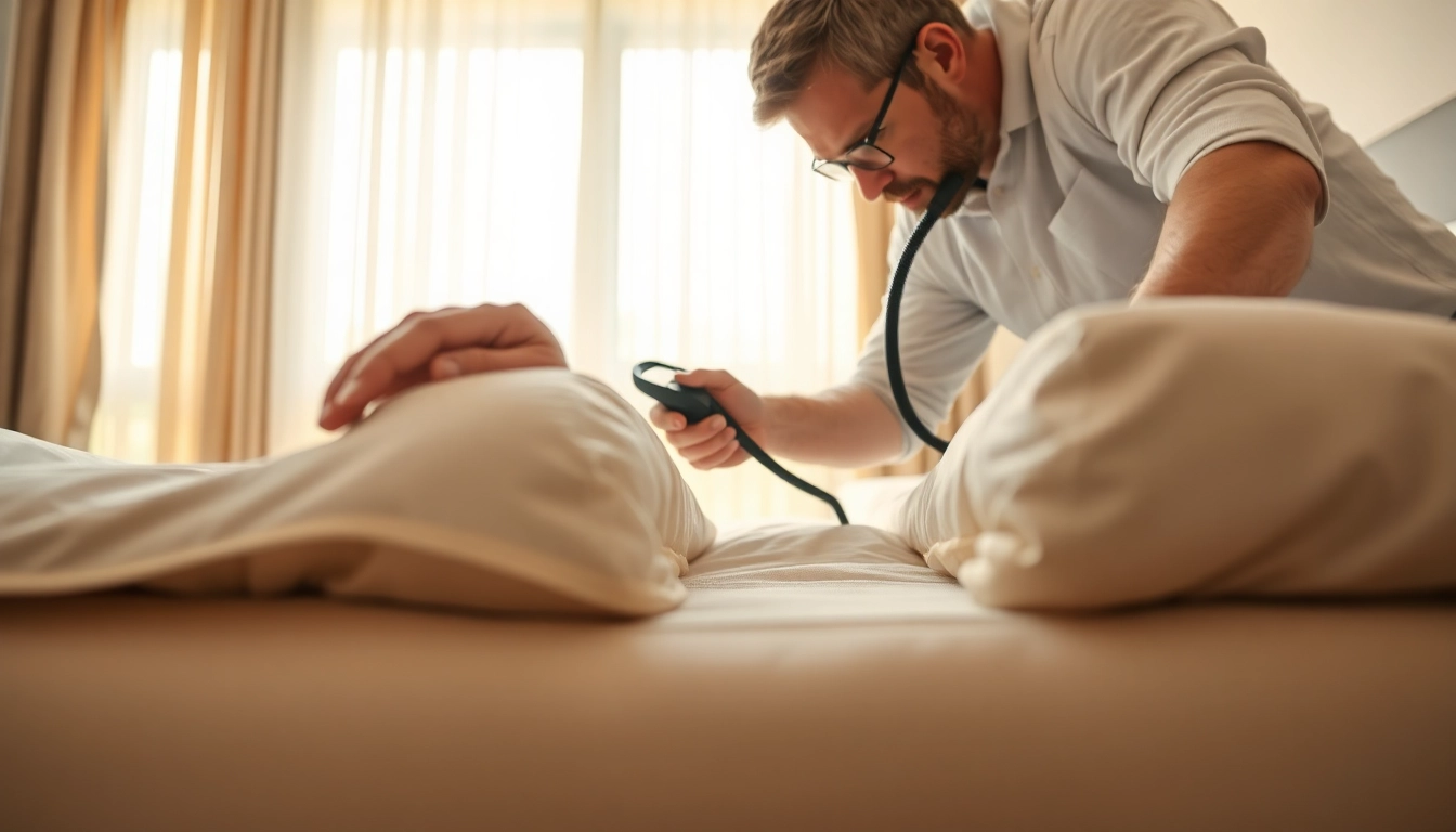 Bed bug extermination near me process visualized by a pest control expert examining mattresses.