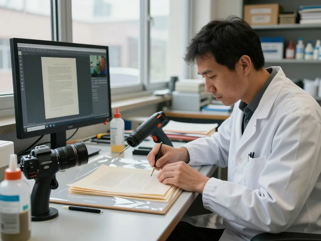 Expert technician bóc ép plastic from documents in a modern workshop, ensuring quality preservation.
