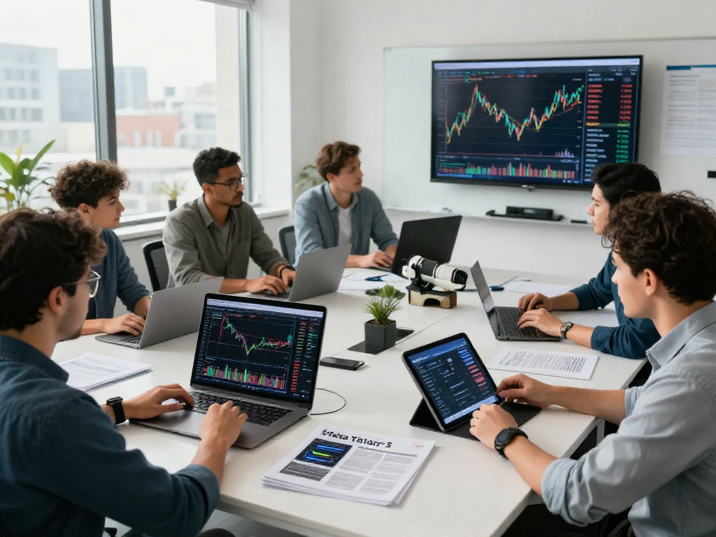 多位交易者使用MetaTrader 5分析市场趋势和策略，现代办公室环境，充满活力。