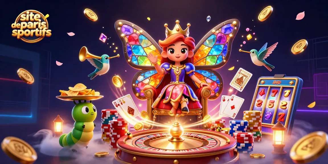 Pariez sur un site de paris sportifs avec une reine papillon entourée de symboles de jeu.