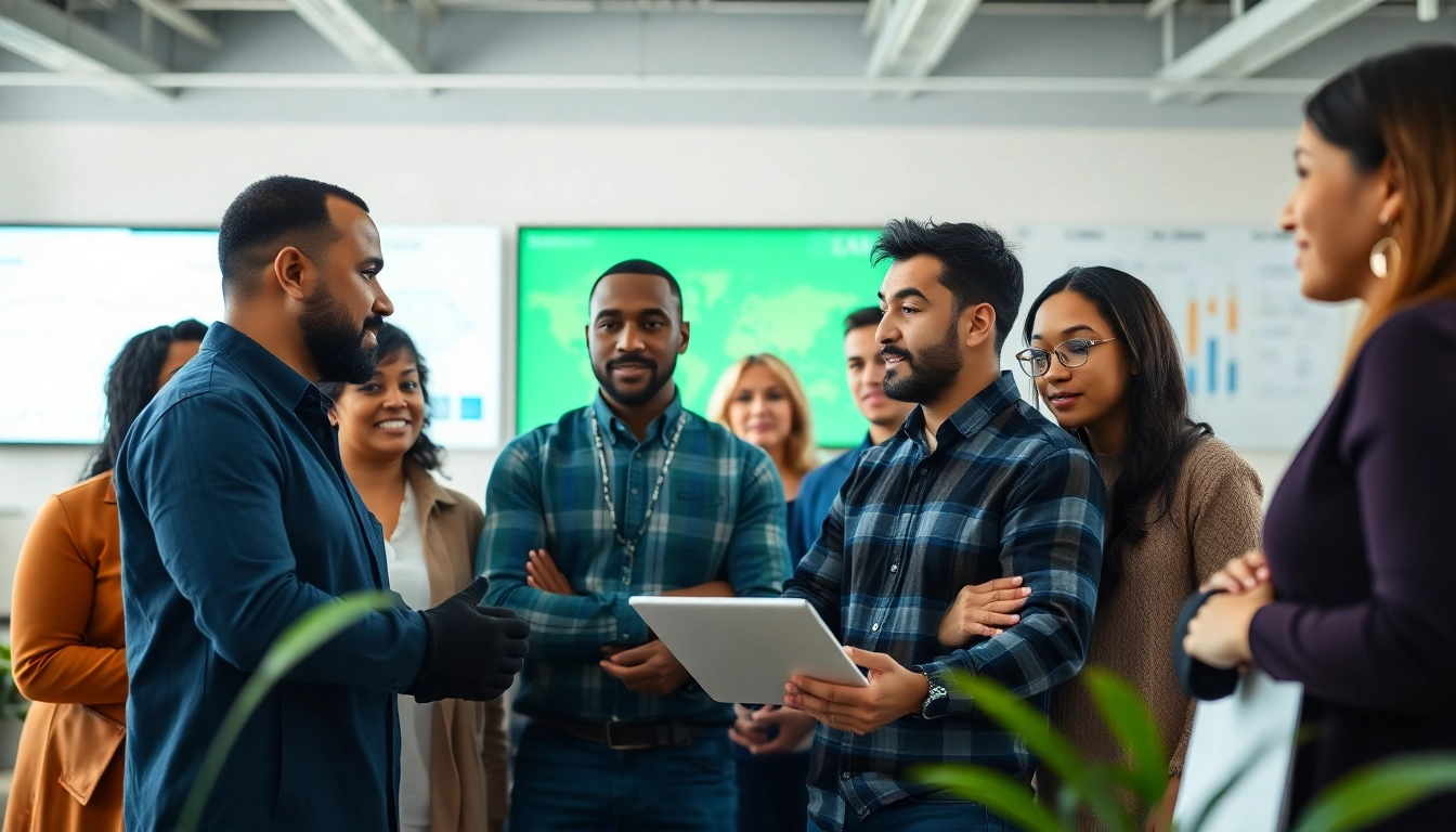 Captivating workforce development scene illustrating diverse individuals collaborating in a modern training environment.