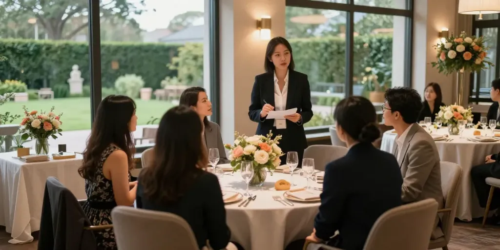 Event rentals showcased in a beautiful venue with event planner discussing details.