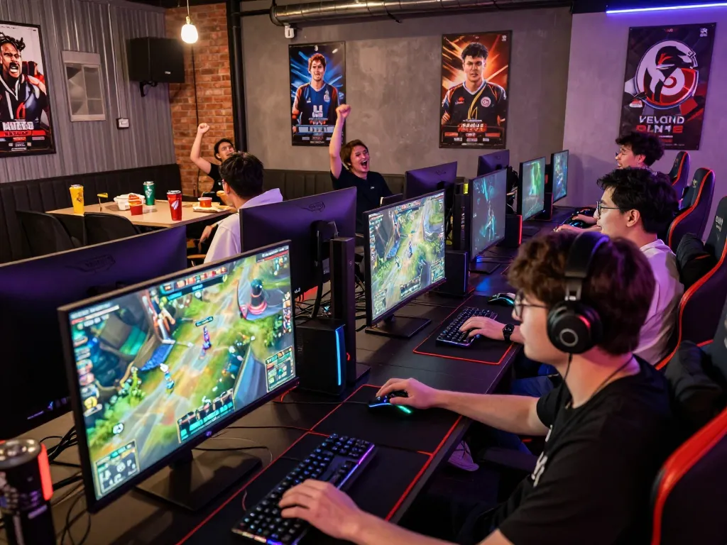 Engaged players in the hubet88 esports gaming scene participating in Game bài hubet88 competitions with vibrant decor.