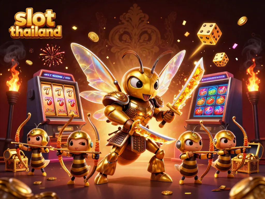 A vibrant scene depicting a giant golden hornet in samurai armor with a slot machine explosion, showcasing slot thailand.