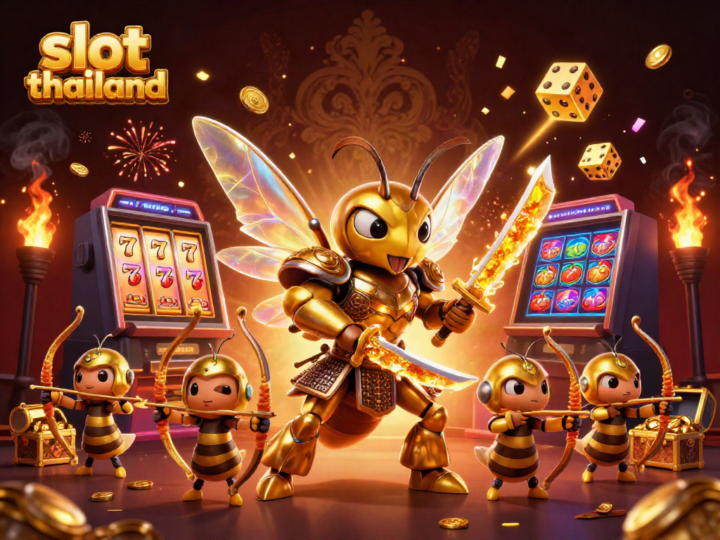 A vibrant scene depicting a giant golden hornet in samurai armor with a slot machine explosion, showcasing slot thailand.