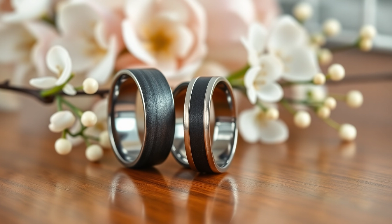 Tungsten rings shining with elegance on a wooden surface, showcasing their unique designs.