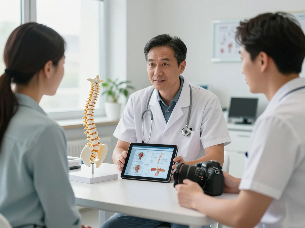 Engaging consultation for bel kayması ameliyatı with surgeon and patient in modern clinic.