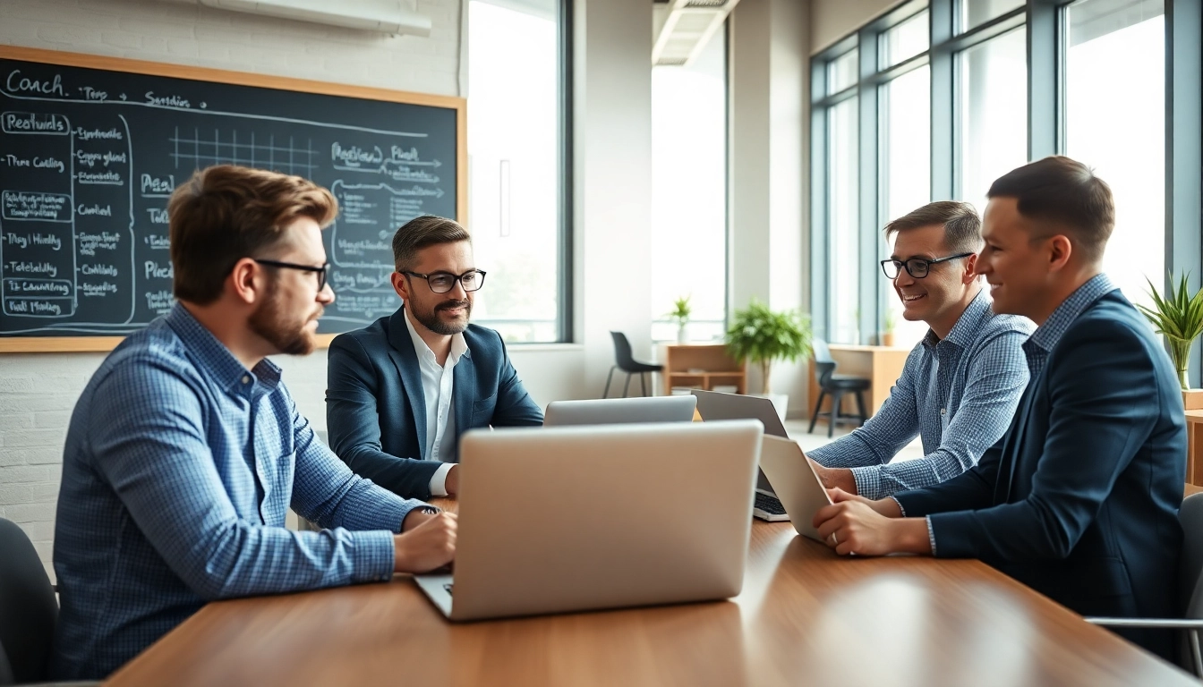Engaged business coach near me working with clients in a motivating office.
