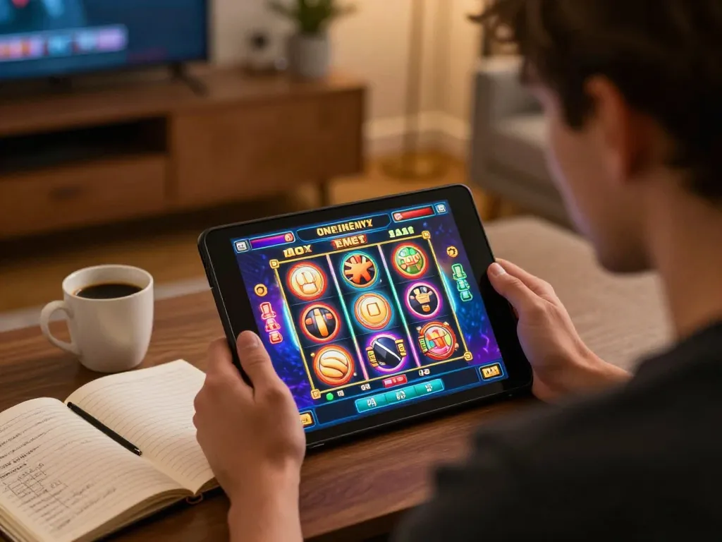 Player engaging with nohu1 online slot game on tablet, coffee cup beside notebook
