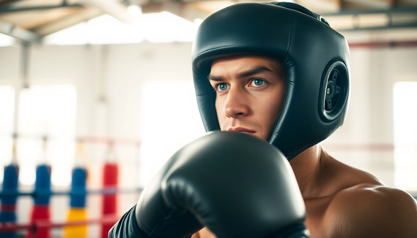 Fighter wearing headgear boxing in a gym, focused and prepared for training.