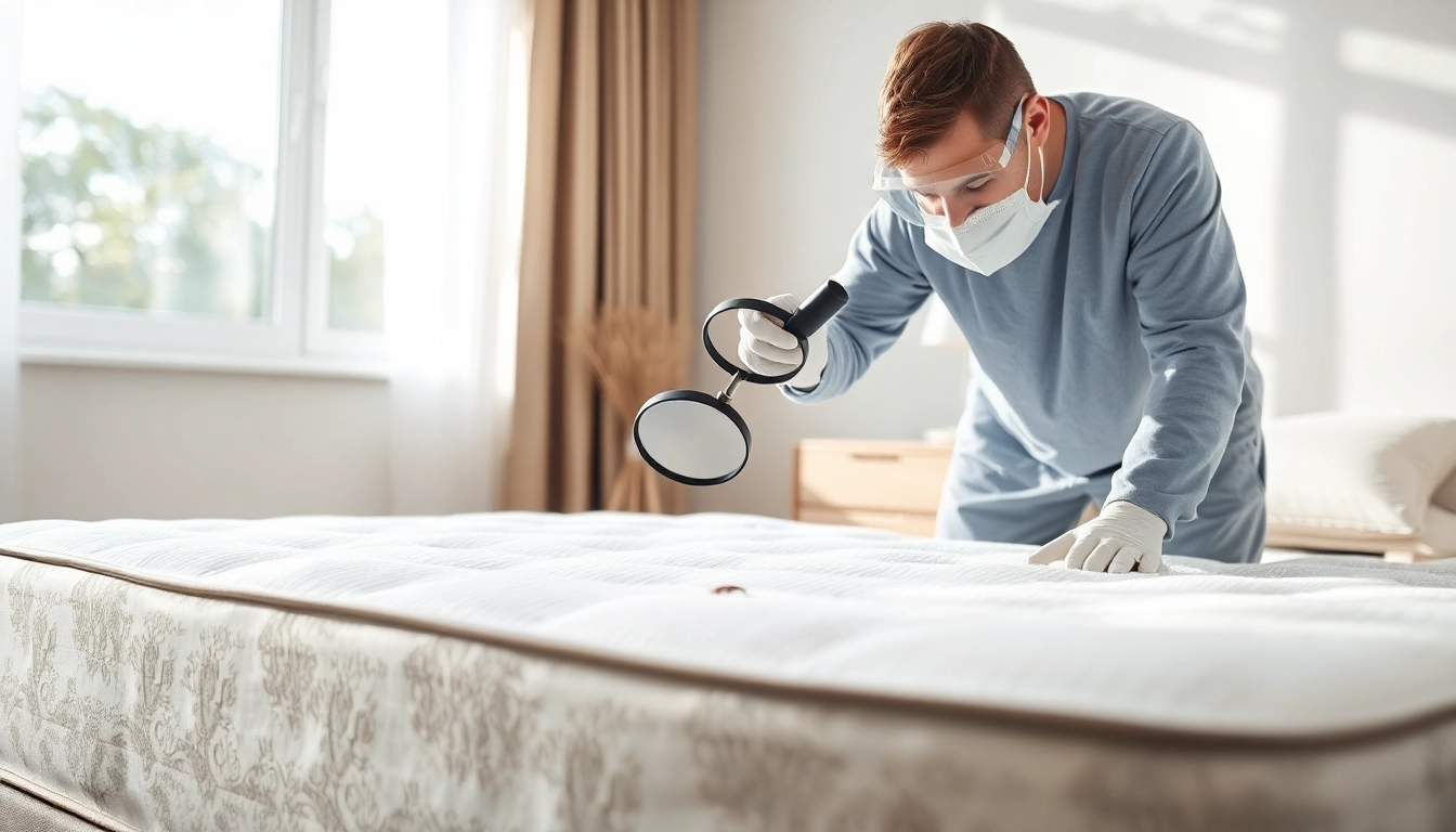 Expert examination for bed bug extermination near me by a pest control technician in a cozy bedroom.