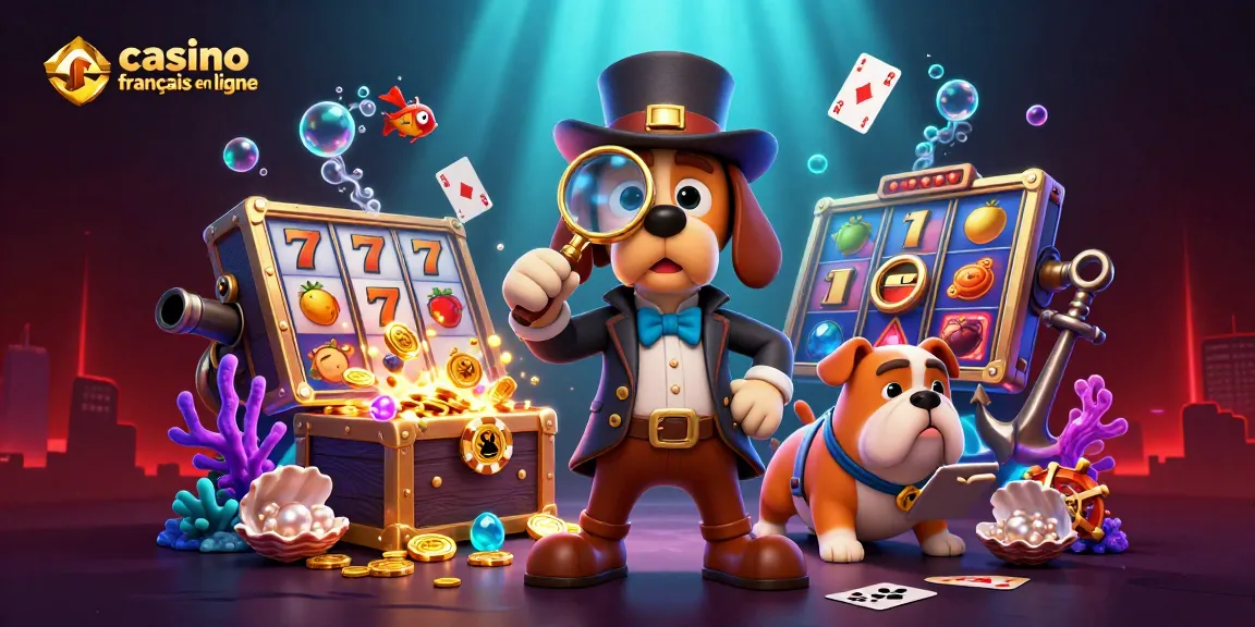 Illustration 3D de jeu en ligne avec détective canin et éléments de casino français en ligne