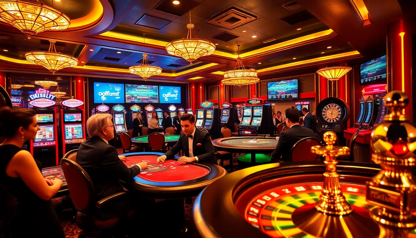 Excited players engage in poker at a luxurious casino, enhancing their experience with https://okfun.page interactions.