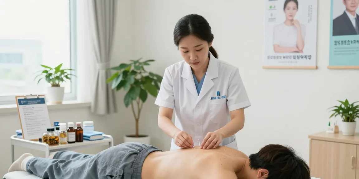 Acupuncturist treating a patient at 수원교통사고한의원, showcasing effective recovery from traffic accident trauma.