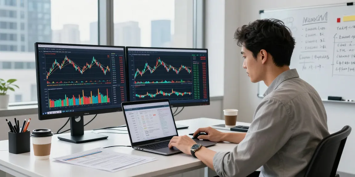 Data scientist analyzing US stock backtesting data API in a modern office with dual monitors and financial reports.