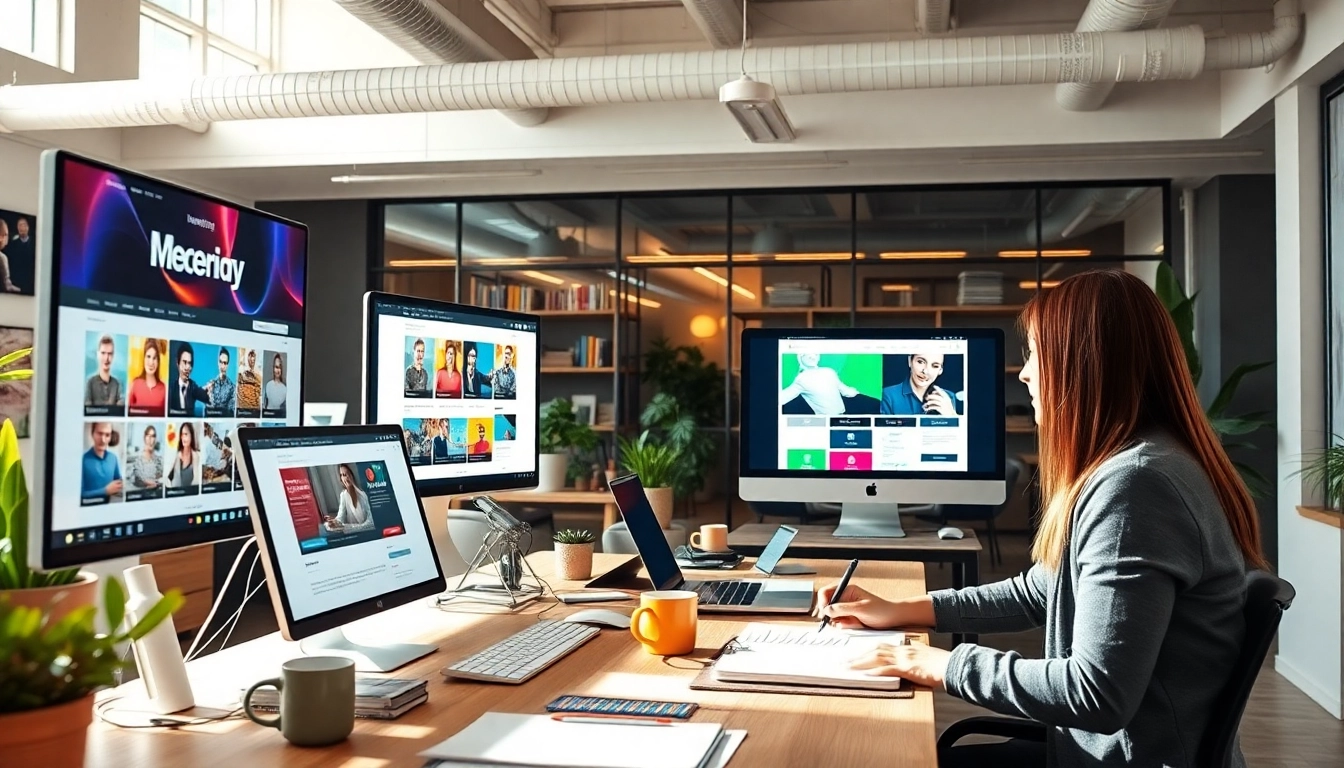 Werbeagentur arbeitet an modernen Website-Layouts in einem hellen Büro.