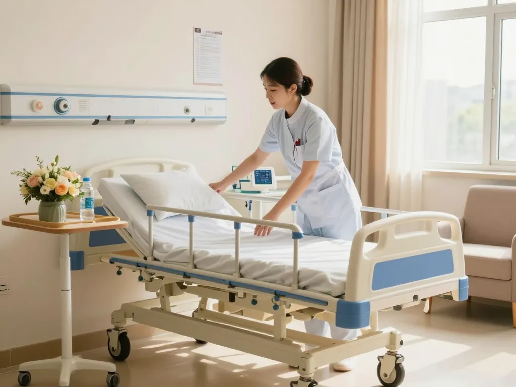 Setting showcasing a giường bệnh nhân in a healthcare room with natural light, nurse adjusting bed features.