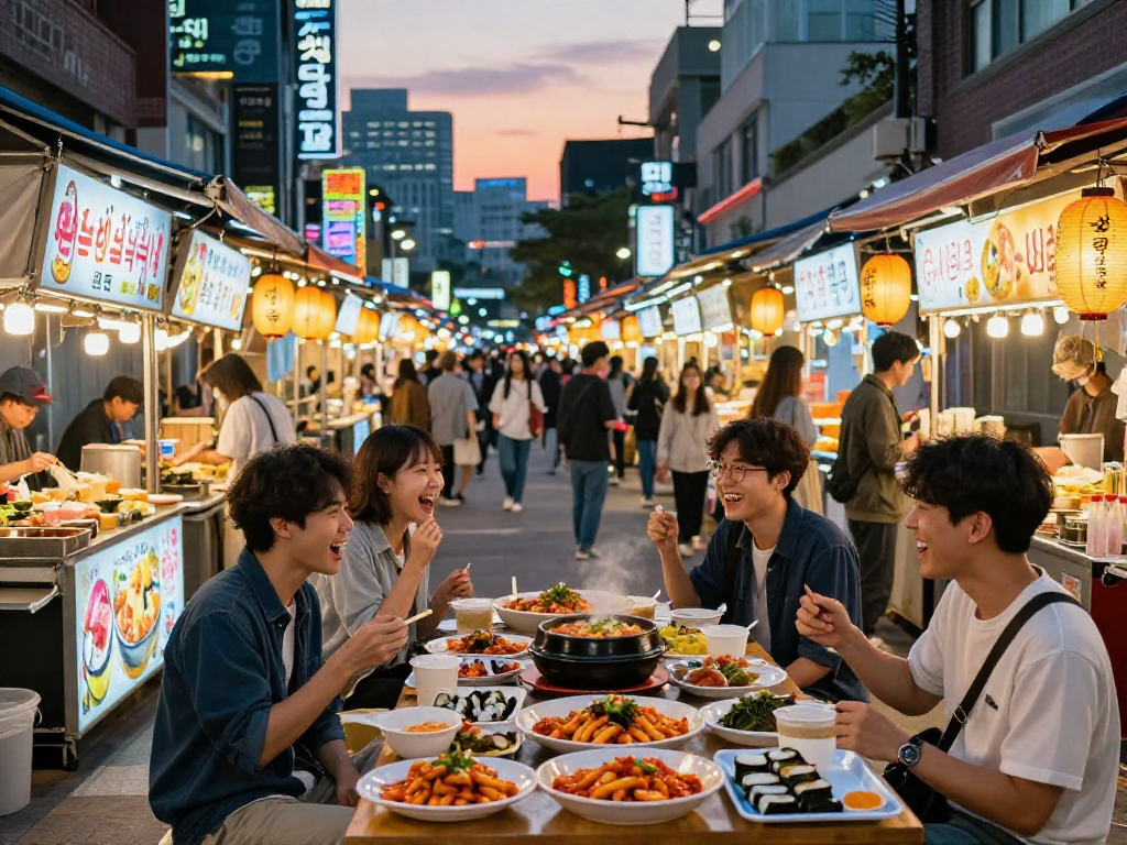 강남 달토가 있는 활기찬 길거리 음식 시장에서 즐거운 젊은 친구들