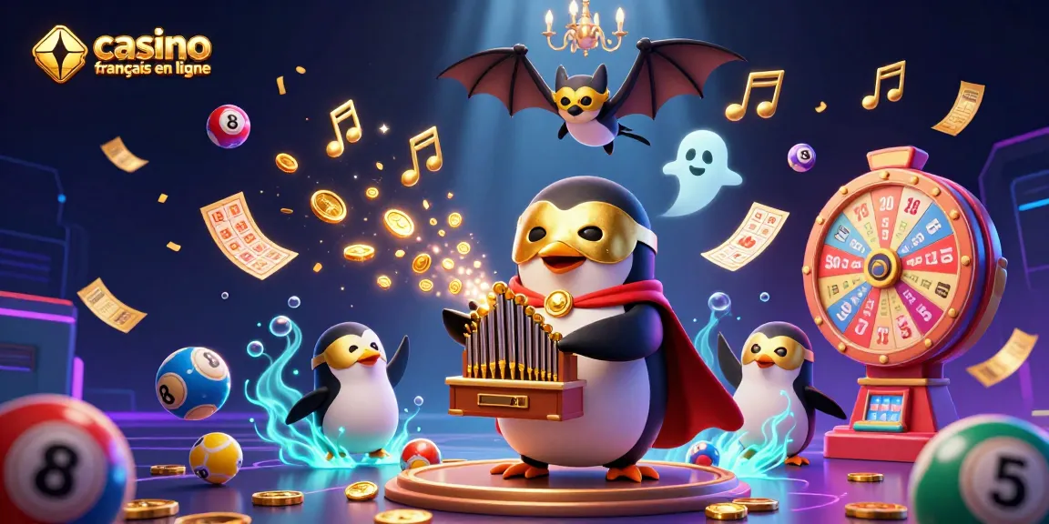 Jouer au casino français en ligne avec un pingouin fantôme jouant de l'orgue et des éléments de loterie colorés.