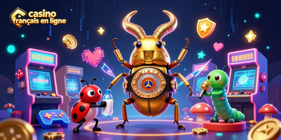 Attirez-vous par le spectacle dynamique du casino français en ligne avec des personnages colorés animant une scène remplie de jeux.