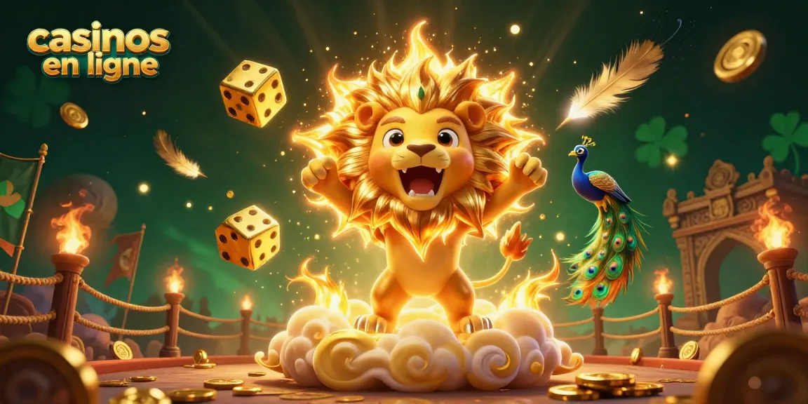 Jeu passionnant aux casinos en ligne avec un lion solaire rugissant, des dés et des pièces d'or flottantes.