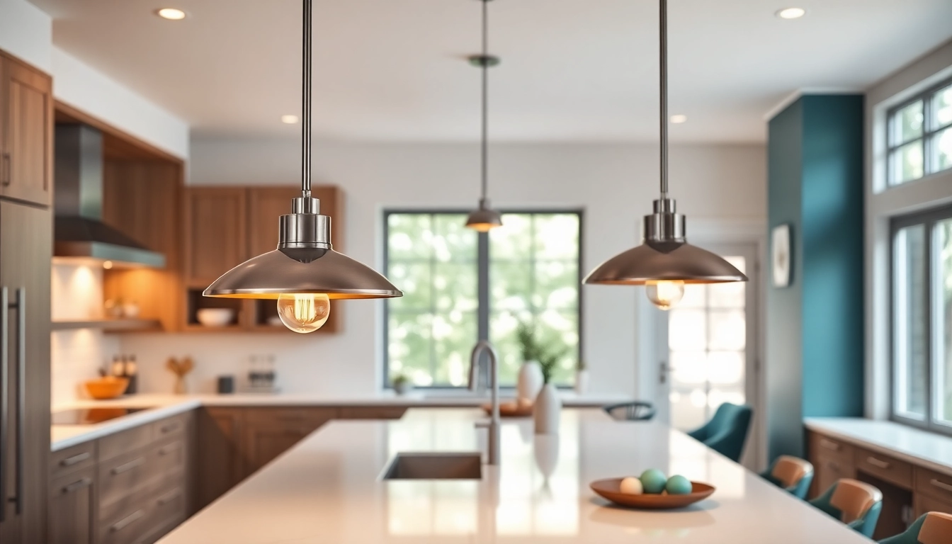 Bright island light fixtures illuminating a modern kitchen space, showcasing elegant design and warm ambiance.