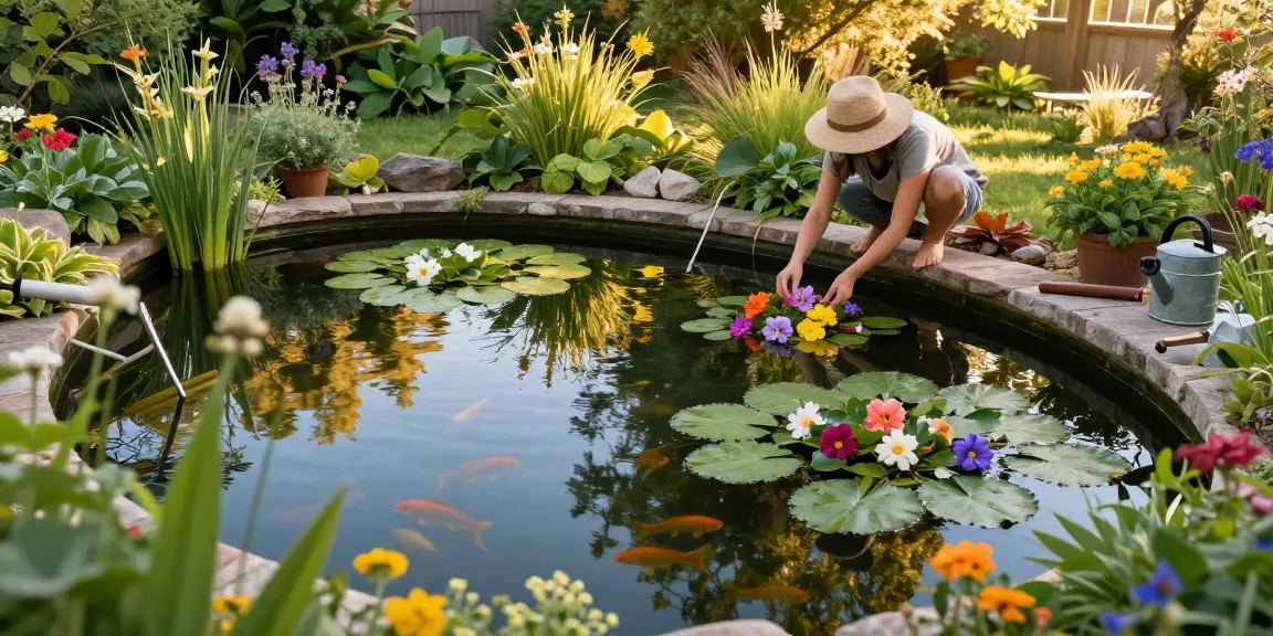 Pond Plants beautifully arranged in a serene garden pond, capturing aquatic flowers and lush greens.