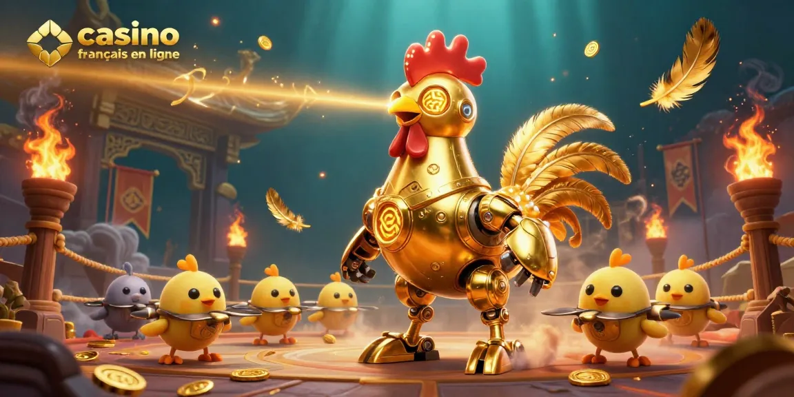 Gagnez avec le casino français en ligne et admirez le robot coq laser entouré de pièces d'or.