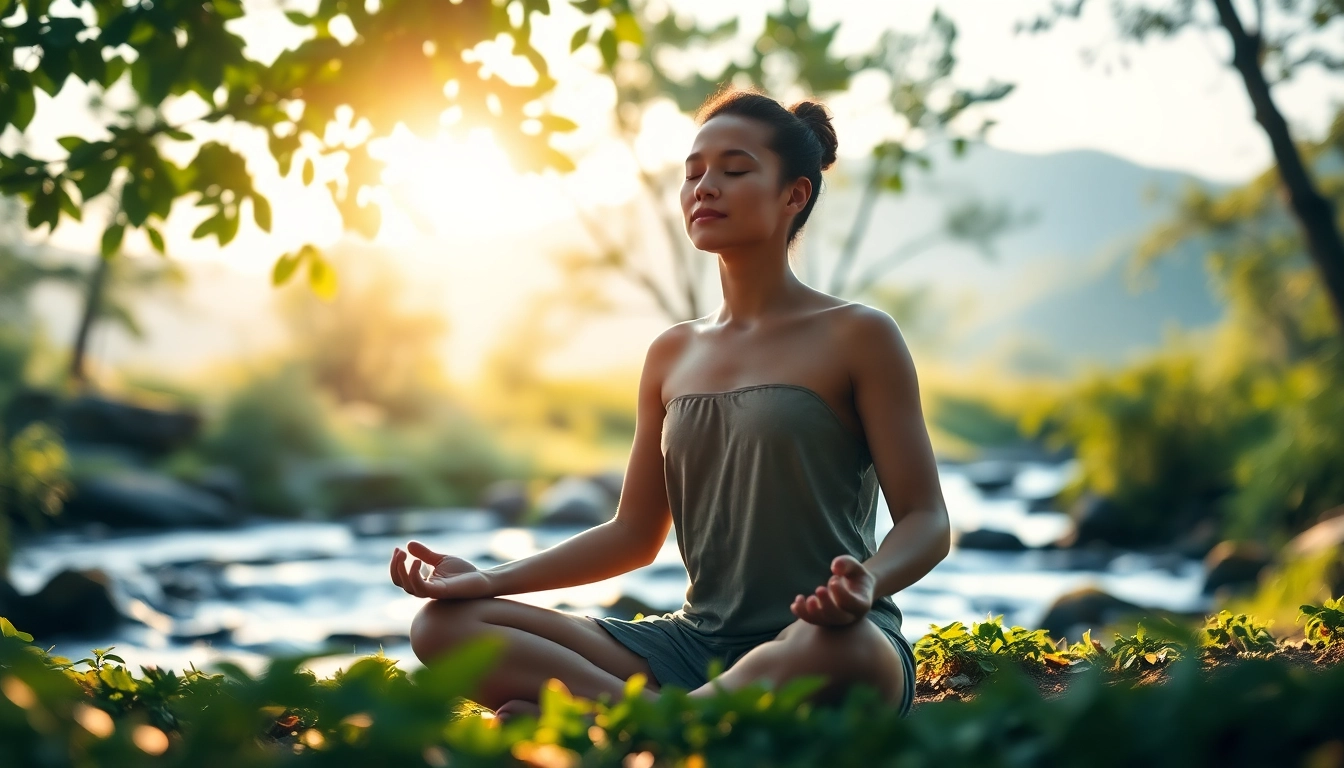 Anxiety symptoms illustrated by a person meditating peacefully outdoors amidst nature.
