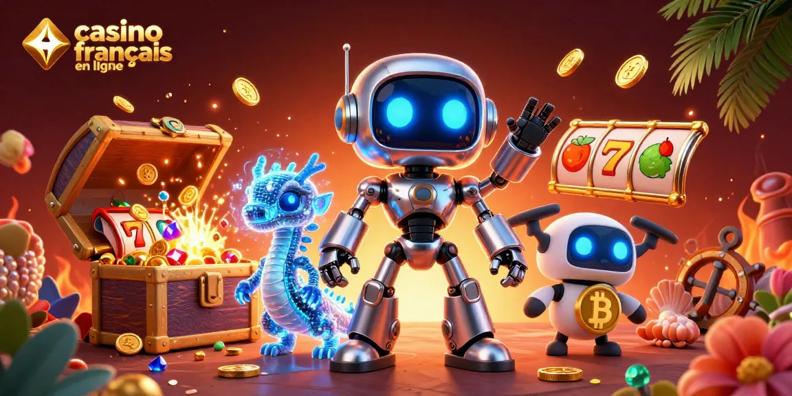 Découvrez le monde du casino français en ligne avec un robot cyberpunk et un dragon holographique.