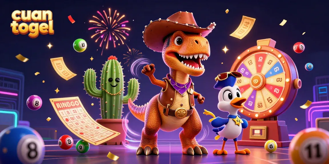Win prizes with cuan togel lottery balls exploding in vibrant celebration alongside a cowboy T-Rex.