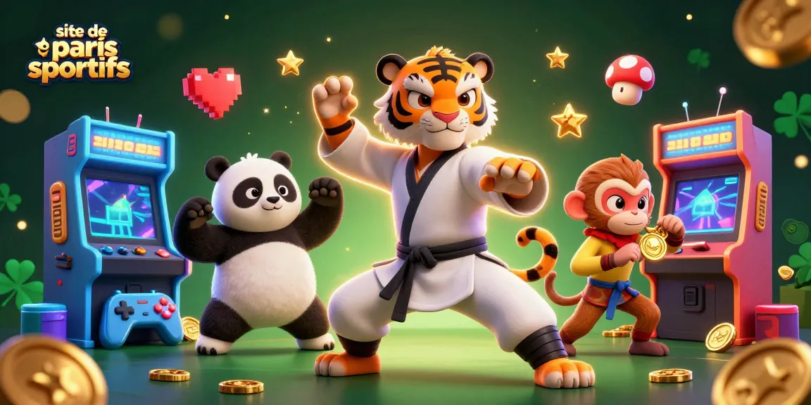 La scène dynamique du site de paris sportifs avec un tigre maître kung-fu, un panda et un singe voleur de médaille.