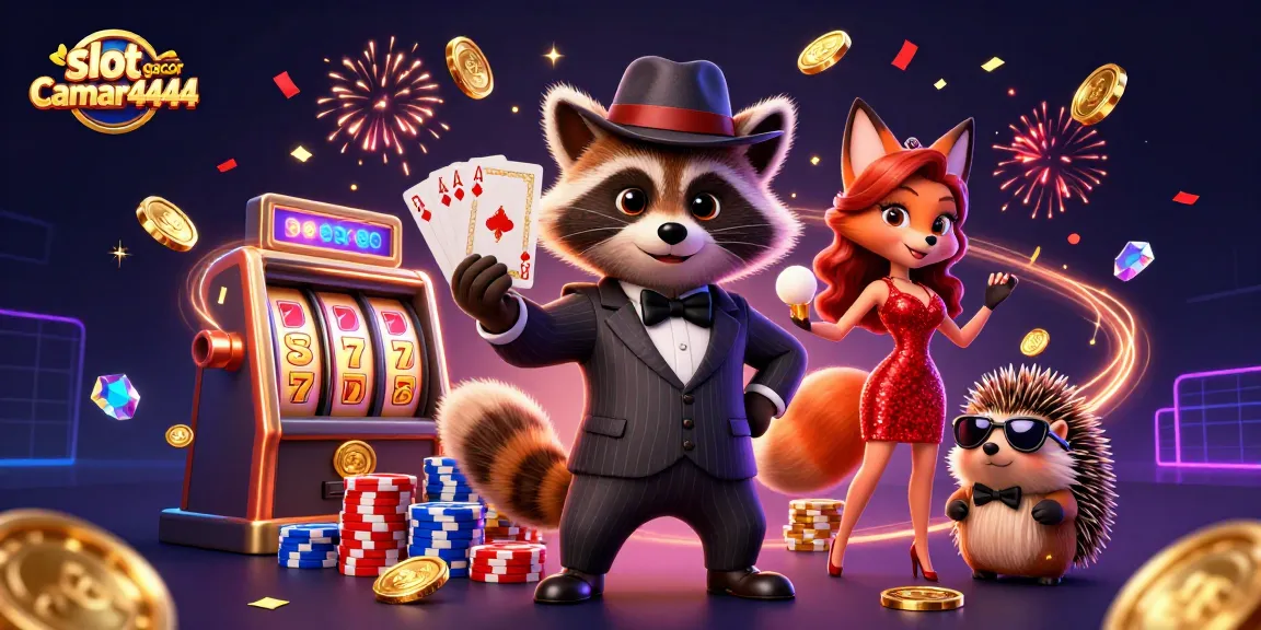 Menangkan slot gacor camar4444 dengan beragam elemen kasino meriah dalam ilustrasi dinamis dan penuh warna.