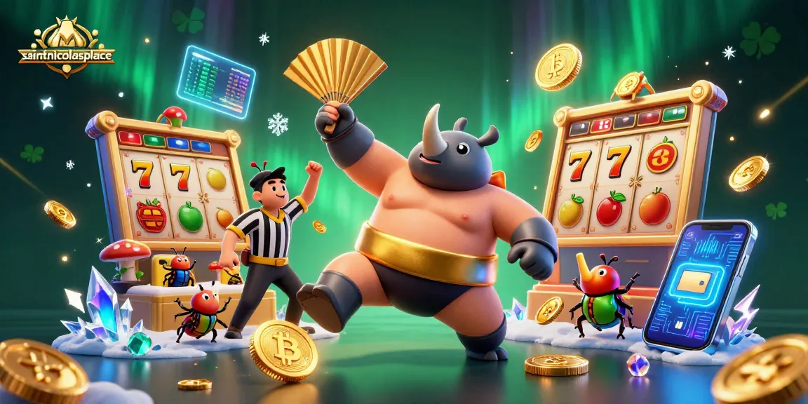 Experience thrilling moments at saintnicolasplace with a sumo champion beetle amidst a vibrant casino scene.
