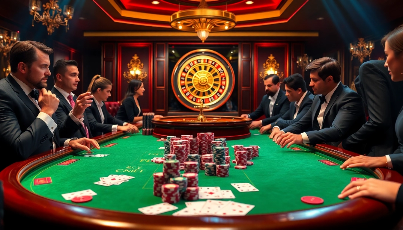 Players engage in a high-stakes poker game at https://88xx.now/, surrounded by colorful chips and luxury.