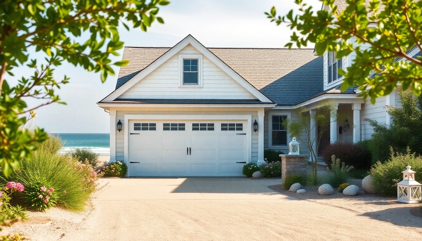 Stylish cape cod home addition featuring an integrated garage amid coastal scenery.