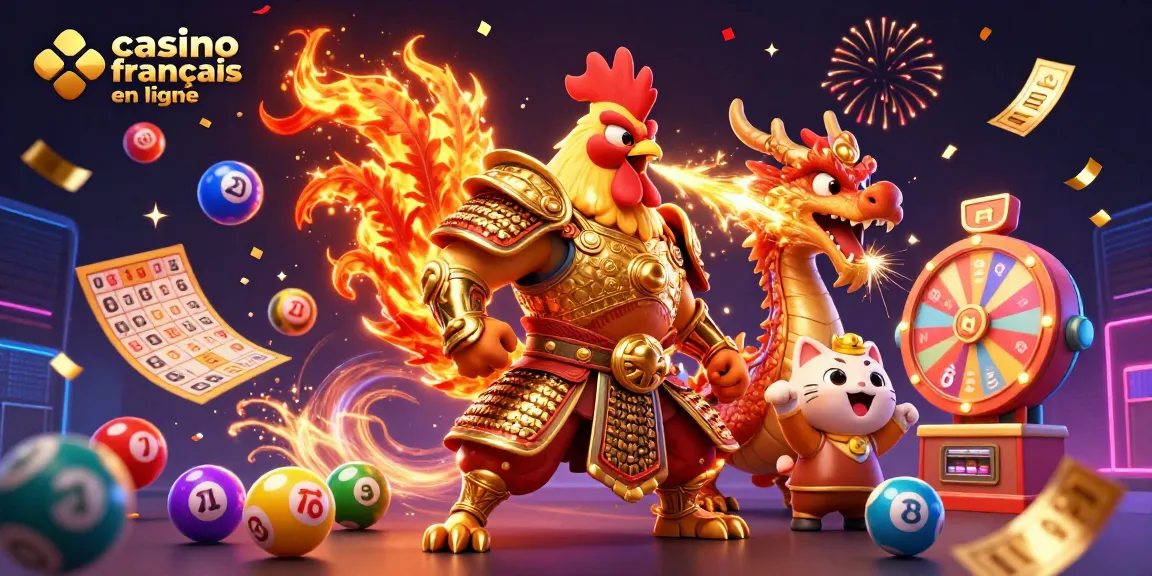 Des loteries et des jeux de casino français en ligne s'agenceant dans une scène dynamique avec un guerrier et un dragon.