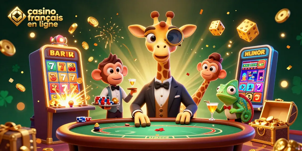 Illustration colorée d'un casino français en ligne, avec une girafe joueur et un singe valet.