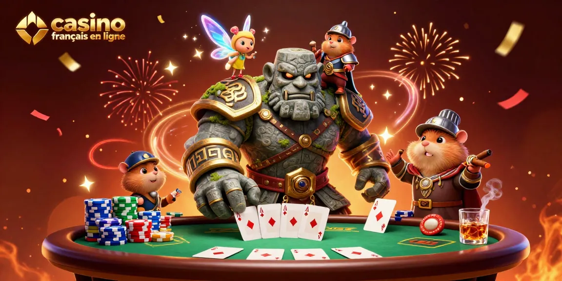 Une illustration 3D de casinos en ligne francais représentant un golem ancien vivant avec une fée et un hamster chevalier jouant au poker.