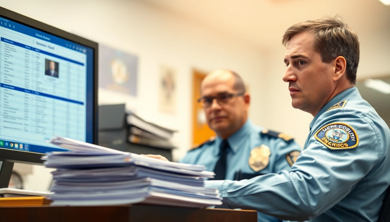 Conducting an Orange County inmate search with focus on an officer reviewing records.